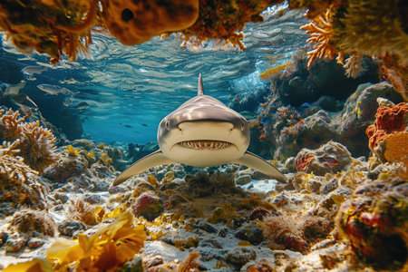 Menacing beauty: underwater world with the shark predator, a captivating glimpse into the fierce, powerful, and mysterious realm of marine life, where danger and elegance coexist.の素材