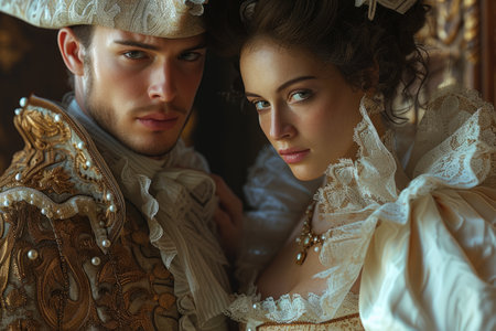 Capturing passion in the renaissance, Victorian, and baroque era: a timeless love story portrayed by a couple in vintage attire, embracing the elegance, romance, and nostalgia of historical periodsの素材