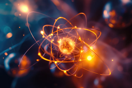 Atomic dance: subatomic realm, electrons, neutrons, and protons orbit a fixed nucleus in a model empty space within atoms, showcasing set, predictable paths in the intricate world of particle physics.の素材