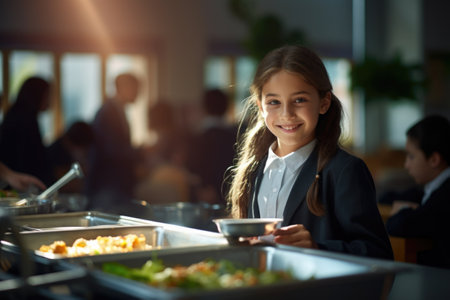A schoolchild in the school cafeteria. Time of lunch break, peculiarities of the school meal, snackの素材