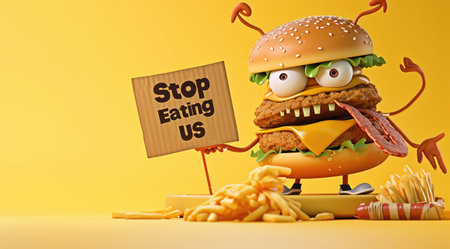 Whimsical plea: cartoon characters, fast food holding a sign 'Stop Eating Us.' A playful take on the concept of proper nutrition and the pursuit of a healthier lifestyleの素材