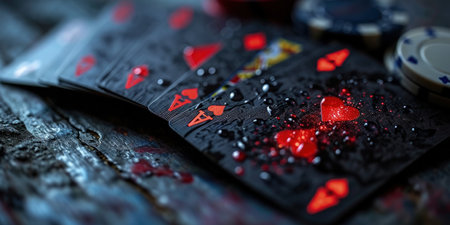 Virtual online casino concept, gaming, currency entertainment, gambling symbols, nightlife, deluxe symbol, betting chips playing cards, live poker digital entertainment, banner wallpaper backgroundの素材