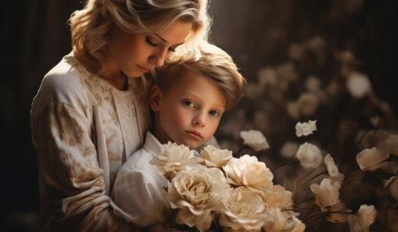 In this heartwarming image, a loving mother embraces her child with warmth and tenderness, forming a beautiful bond filled with joy, security, and the purest form of maternal loveの素材