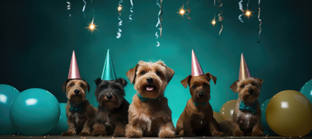 In this delightful image, a dog dons a party hat, creating a playful atmosphere as it extends a heartwarming birthday greeting, exuding charm and celebration in every wag and barkの素材