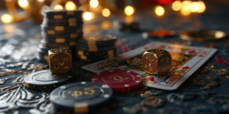 Virtual online casino concept, gaming, currency entertainment, gambling symbols, nightlife, deluxe symbol, betting chips playing cards, live poker digital entertainment, banner wallpaper backgroundの素材