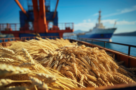 Navigating the global markets with wheat export, grains traverse borders, international trade and sustenance, global journey, international trade and food security.の素材
