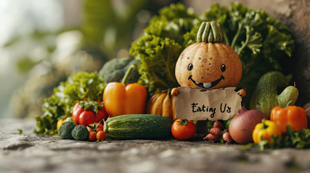 Joyful produce: cartoon characters, happy cute vegetables, and fruits holding a sign 'Eating Us.' A whimsical portrayal promoting the concept of proper nutrition and a healthy lifestyleの素材