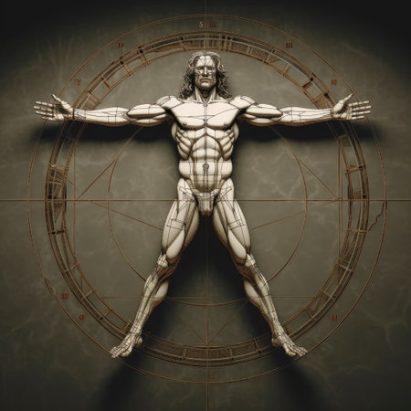 Unveiling perfection: timeless allure of vitruvian man, Leonardo da Vinci's iconic representation of human proportions, symmetry, harmonious intersection of art and science in renaissance brillianceの素材