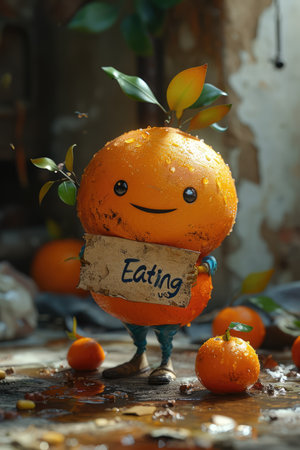 Joyful produce: cartoon characters, happy cute vegetables, and fruits holding a sign 'Eating Us.' A whimsical portrayal promoting the concept of proper nutrition and a healthy lifestyleの素材