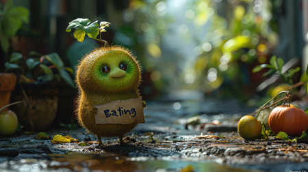 Joyful produce: cartoon characters, happy cute vegetables, and fruits holding a sign 'Eating Us.' A whimsical portrayal promoting the concept of proper nutrition and a healthy lifestyleの素材