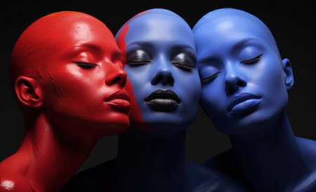 Vibrant image, few women artfully pose, their bodies immersed in vivid paint, creating a living canvas of expressive and colorful artistic beauty embodying an expressive and dynamic visual spectacleの素材