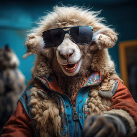 sheep portrait with sunglasses, Funny animals in a group together looking at the camera, wearing clothes, having fun together, taking a selfie, An unusual moment full of fun fashion consciousnessの素材