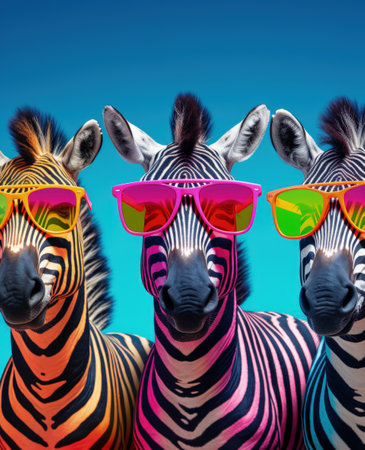 zebra portrait with sunglasses, Funny animals in a group together looking at the camera, wearing clothes, having fun together, taking a selfie, An unusual moment full of fun and fashion consciousnessの素材