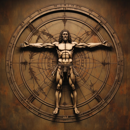Unveiling perfection: timeless allure of vitruvian man, Leonardo da Vinci's iconic representation of human proportions, symmetry, harmonious intersection of art and science in renaissance brillianceの素材
