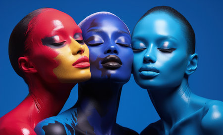Vibrant image, few women artfully pose, their bodies immersed in vivid paint, creating a living canvas of expressive and colorful artistic beauty embodying an expressive and dynamic visual spectacleの素材