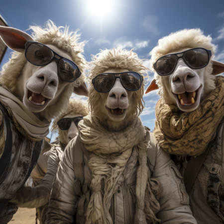 sheep portrait with sunglasses, Funny animals in a group together looking at the camera, wearing clothes, having fun together, taking a selfie, An unusual moment full of fun fashion consciousnessの素材