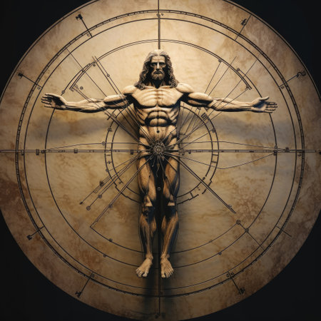 Unveiling perfection: timeless allure of vitruvian man, Leonardo da Vinci's iconic representation of human proportions, symmetry, harmonious intersection of art and science in renaissance brillianceの素材