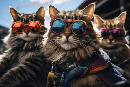 cats portrait with sunglasses, Funny animals in a group together looking at the camera, wearing clothes, having fun together, taking a selfie, An unusual moment full of fun and fashion consciousnessの素材