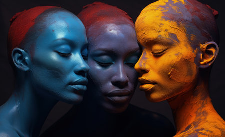 Vibrant image, few women artfully pose, their bodies immersed in vivid paint, creating a living canvas of expressive and colorful artistic beauty embodying an expressive and dynamic visual spectacleの素材