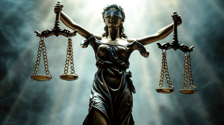 Symbolic scales of justice Themis: legal balance, fairness, and morality in the courtroom, a representation of virtue, ethics, and impartiality in the legal system.の素材
