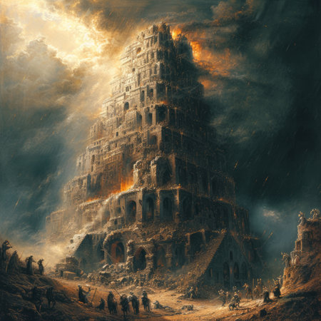 A monumental Tower of Babel pierces the sky, symbolizing human ambition, cultural diversity, unity and discord, human endeavor and divine intervention in this iconic biblical scene.の素材