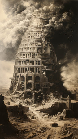 A monumental Tower of Babel pierces the sky, symbolizing human ambition, cultural diversity, unity and discord, human endeavor and divine intervention in this iconic biblical scene.の素材