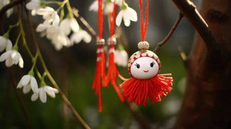 Celebrating spring cheer: the joyous tradition of happy martisor, a Romanian cultural festivity marked by red and white talismans, symbolizing luck, optimism, and festive celebration on March 1st.の素材