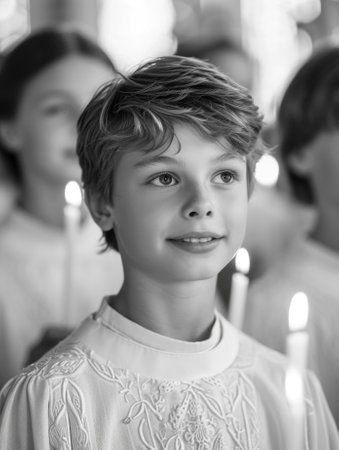 Sacred milestone: capturing the essence of first communion in a tender and symbolic portrayal, where young believers embrace the solemnity and spirituality of this significant rite.の素材