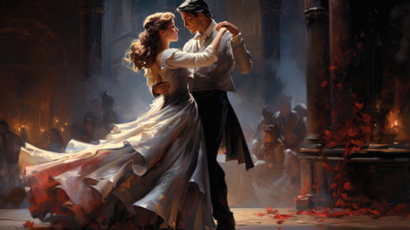 Rhythmic elegance: embracing the timeless allure of waltz, a dance of grace and harmony, partners move in rhythmic synchronization, swirling and twirling to enchanting melody of a classic compositionの素材