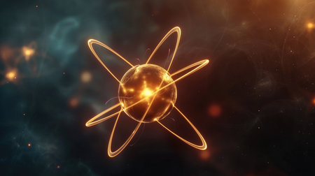 Atomic dance: subatomic realm, electrons, neutrons, and protons orbit a fixed nucleus in a model empty space within atoms, showcasing set, predictable paths in the intricate world of particle physics.の素材