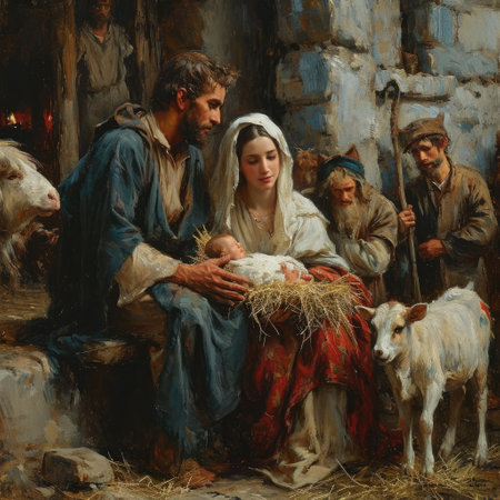 Divine narrative: a mesmerizing nativity scene, the holy essence of Christmas with a harmonious tableau of Mary, Joseph, baby Jesus Christの素材