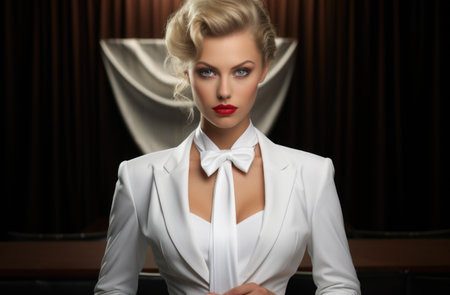 Elegance beautiful woman in business suit, tuxedo for wedding, blending professionalism with timeless bridal chic, embodying grace, style, sophistication for stunning celebration or meeting.の素材