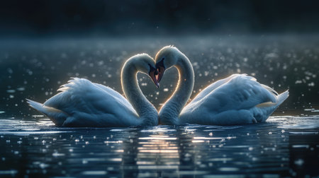Serene embrace: two swans in love, a graceful display of adoration and unity in the swanst's affectionate bond, a symbol of tranquility and everlasting companionship in the natural worldの素材