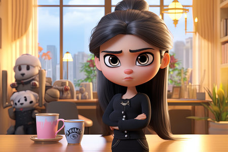 Whimsical morning: animated female character savoring a cup of coffee, blending charm and vibrancy of creative storytelling and lively expressionsの素材