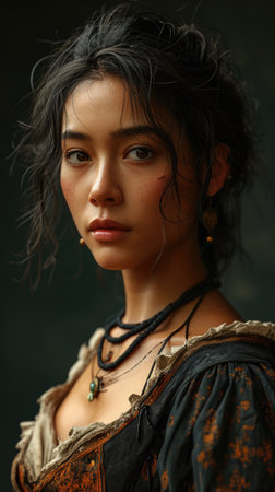 Captivating elegance: a Latina woman adorned in authentic mid-century and Victorian era dress, weaving a cultural tapestry of style that transcends time, embracing heritage and timeless fashionの素材