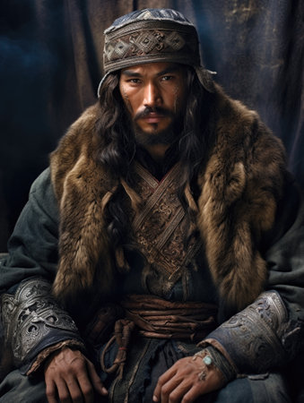 Tatar Mongols: nomadic warriors and conquerors, cultural legacy, military prowess, Eurasian steppes strength, traditional attire, resilience and the spirit of the historic nomadic lifestyleの素材