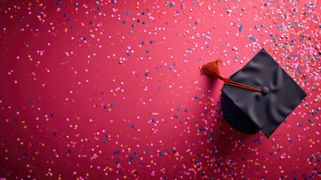 Student cap, graduation cap, diploma, banner: a triumphant celebration marking the end of the school year, embracing academic achievement and success with the issue of diploma certificatesの素材