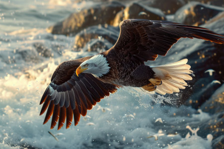 Majestic eagle: a captivating showcase of nature's prowess, bird, perched majestically, and embodying the spirit of freedom and untamed wilderness, a stunning visual ode to avian grace and power.の素材