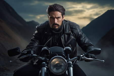 Portrait of a male biker, strength freedom, and individuality on the open road, adventurous spirit and the rebellious allure of the motorcycle, masculinity in motion.の素材