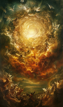 Epic last judgment: a mesmerizing visual narrative capturing the cosmic drama, divine revelations, and ethereal symbolism of the ultimate day of judgmentの素材