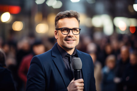 A journalist with a microphone, exploring stories, conducting interviews, and amplifying diverse perspectives through the power of audio storytelling in the dynamic world of mediaの素材