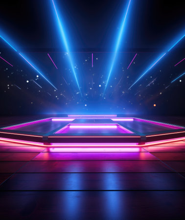 Electrifying stage: mesmerizing scenes LED panels, holographic displays, laser lights, ample copy space, dynamic banners, creating visual symphony for immersive events and cutting-edge presentationsの素材