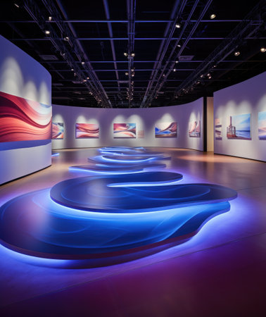 Electrifying stage: mesmerizing scenes LED panels, holographic displays, laser lights, ample copy space, dynamic banners, creating visual symphony for immersive events and cutting-edge presentationsの素材