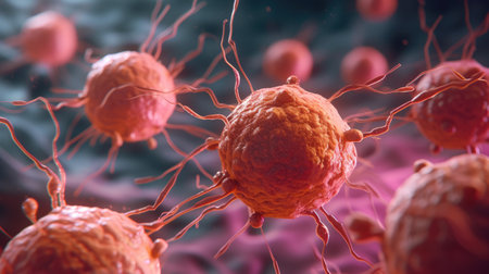 Cancer cells: a microscopic intricate world of cellular anomalies, a glimpse into the scientific realm of pathology, oncology, medical research unraveling complexities of this challenging health condition.の素材