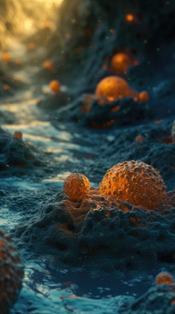 Cancer cells: a microscopic intricate world of cellular anomalies, a glimpse into the scientific realm of pathology, oncology, medical research unraveling complexities of this challenging health condition.の素材