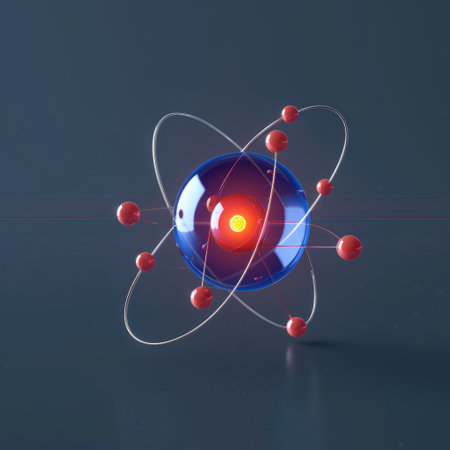 Atomic dance: subatomic realm, electrons, neutrons, and protons orbit a fixed nucleus in a model empty space within atoms, showcasing set, predictable paths in the intricate world of particle physics.の素材