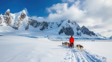 Frozen journey, person with sled of dogs traverses snowy antarctica, an epic adventure through icy landscapes with loyal canine companions, exploring the remote and pristine wildernes.の素材