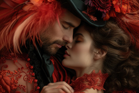 Capturing passion in the renaissance, Victorian, and baroque era: a timeless love story portrayed by a couple in vintage attire, embracing the elegance, romance, and nostalgia of historical periodsの素材