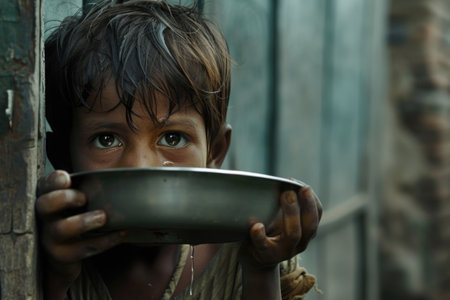Hunger poverty, the big global social silent problem of mankind, children and adults from filthy slums, Africa, beggar and dirty, in need of helpの素材