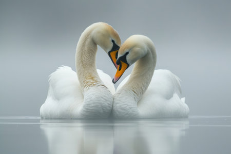 Serene embrace: two swans in love, a graceful display of adoration and unity in the swanst's affectionate bond, a symbol of tranquility and everlasting companionship in the natural worldの素材